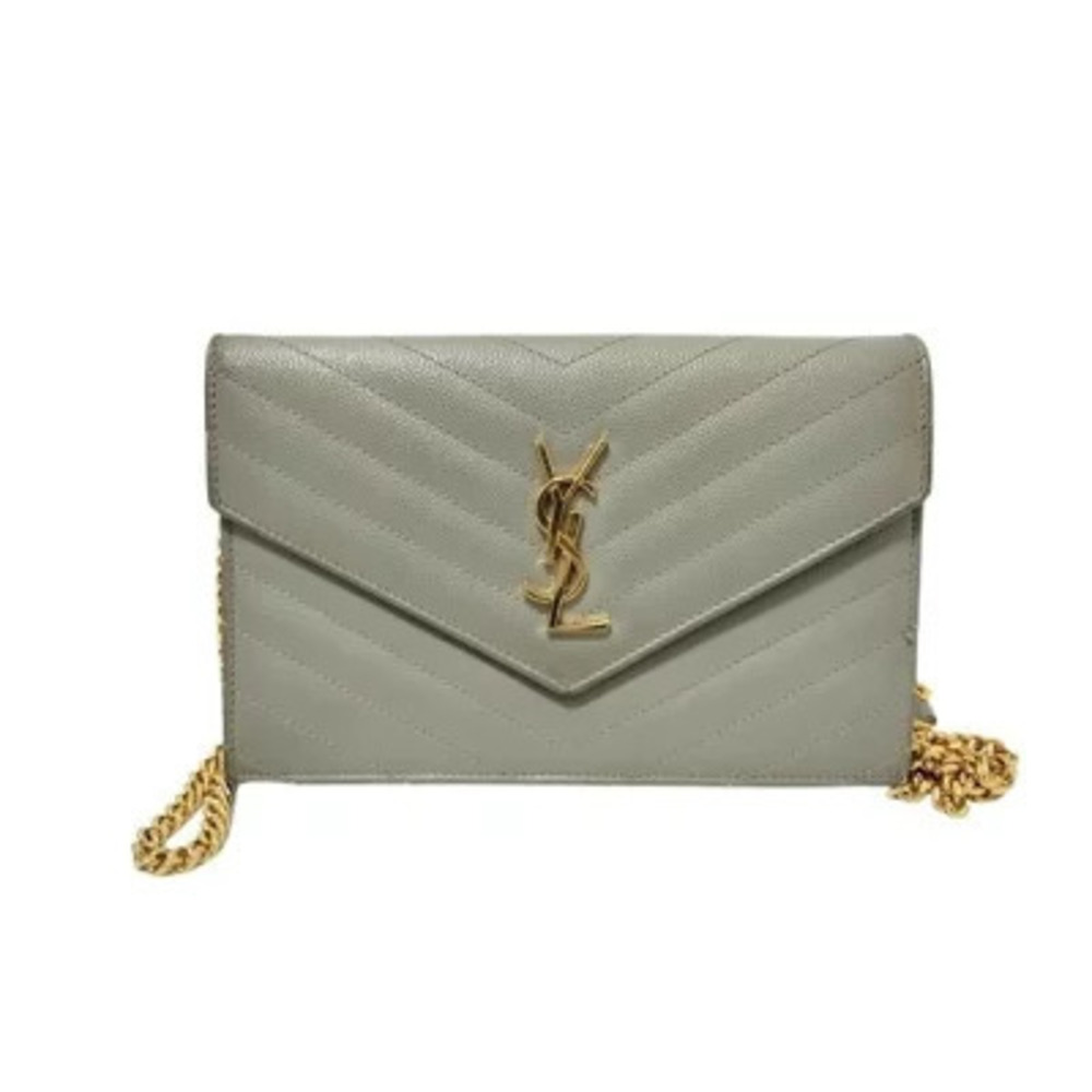 Saint Laurent Yves Cassandra Chain Wallet Gray Leather V stitch